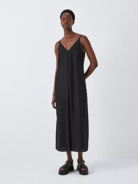 V-Neck Linen Blend Dress, Black